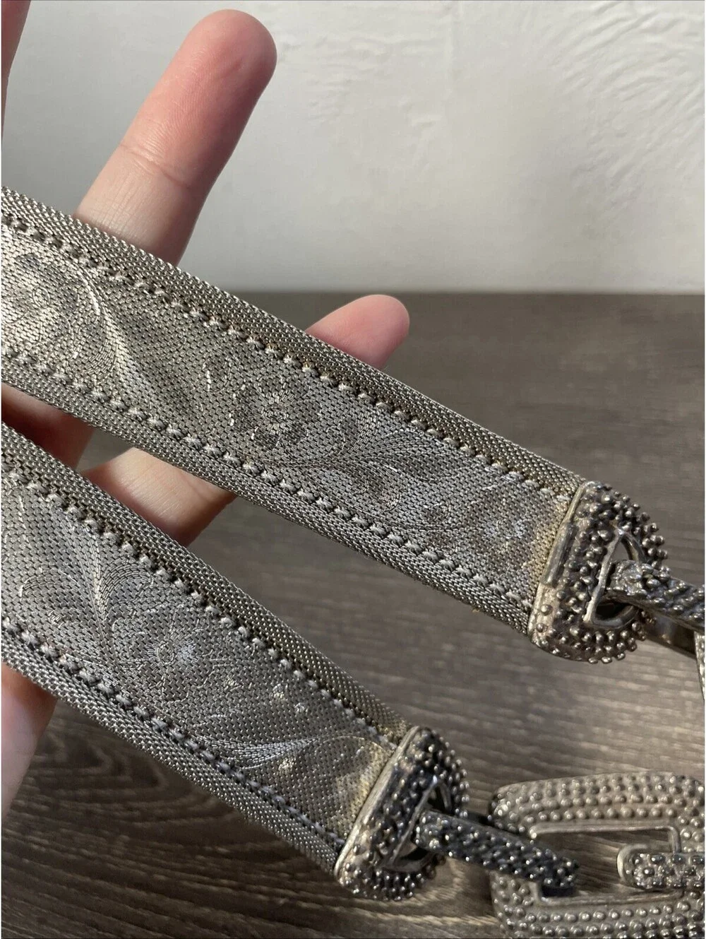 Streets Ahead Belt Vtg Silver Tone Metal Floral Mesh & Chain Links Leather 28-30